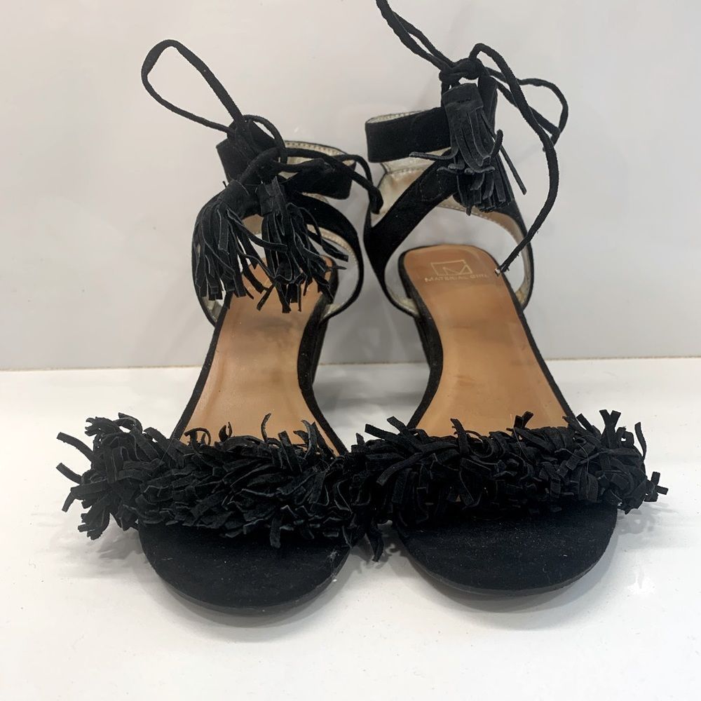 Material Girl Black Fringe Ankle-Tie Sandals